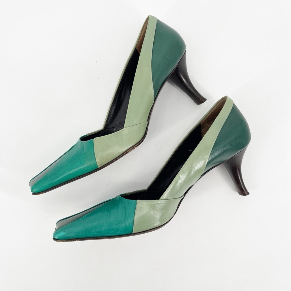 Vintage Prada Green Tricolor Colorblock Leather Square Toe Mid Heel Pumps 38.5 - Picture 4 of 11